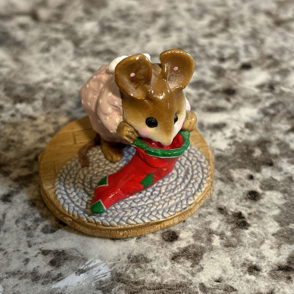 Wee Forest Folk Christmas Figurine M-142 - Chris-Mouse Stocking Pale Blue Dress